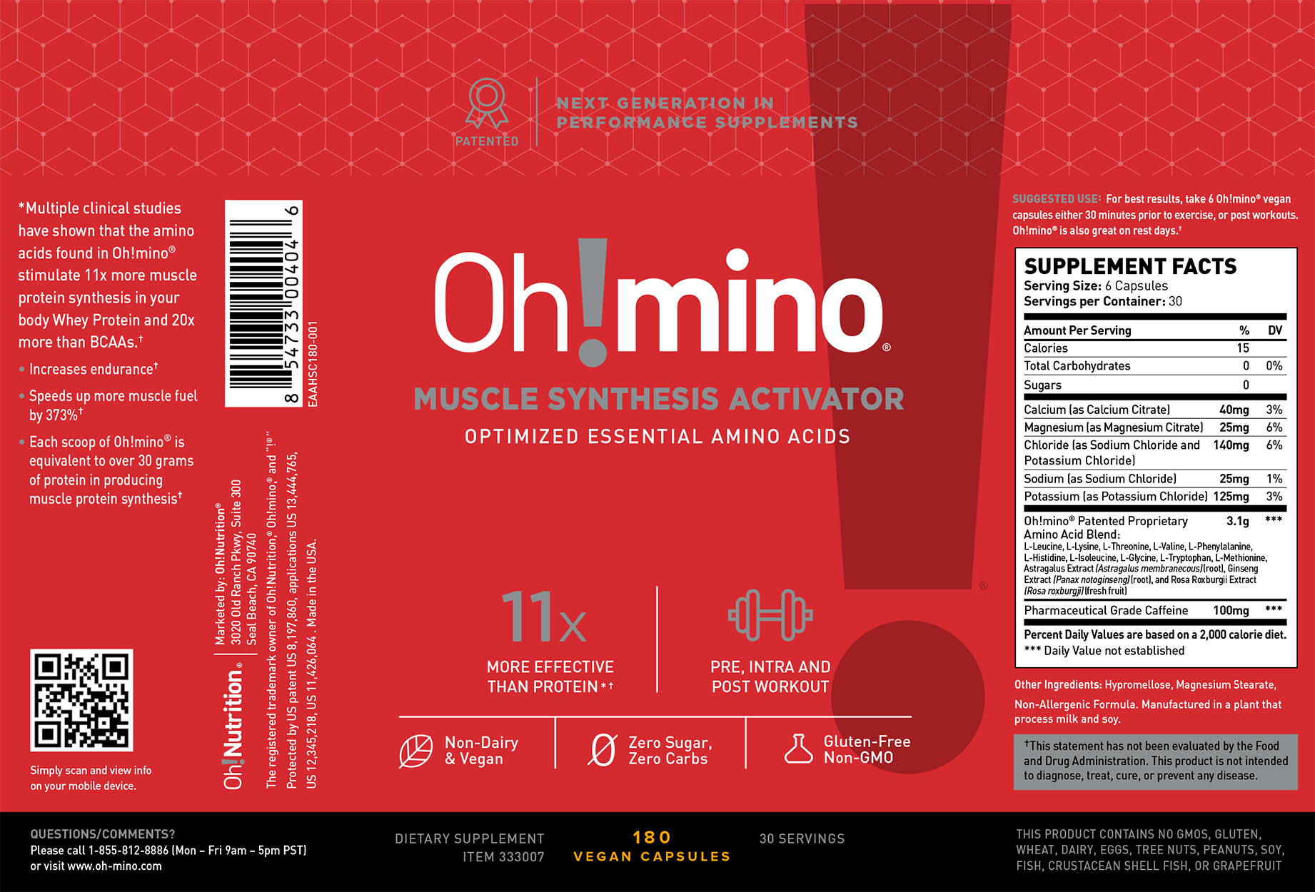 Oh!mino Muscle Synthesis Activator - Caffeinated Vegan Capsules 180 ct.