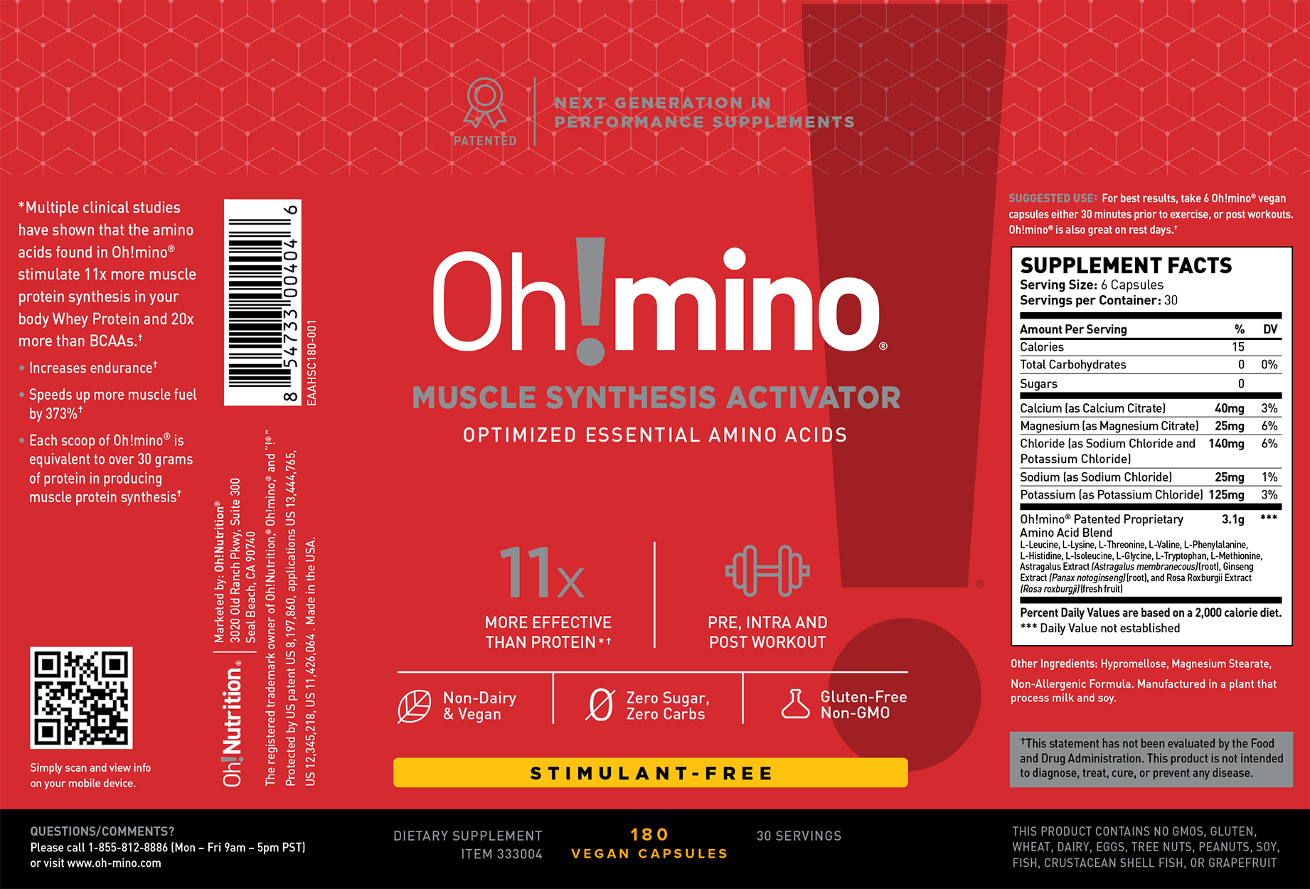 Oh!mino® Muscle Synthesis Activator†  – Stimulant-Free 180 Vegetarian Hard Shell Capsules