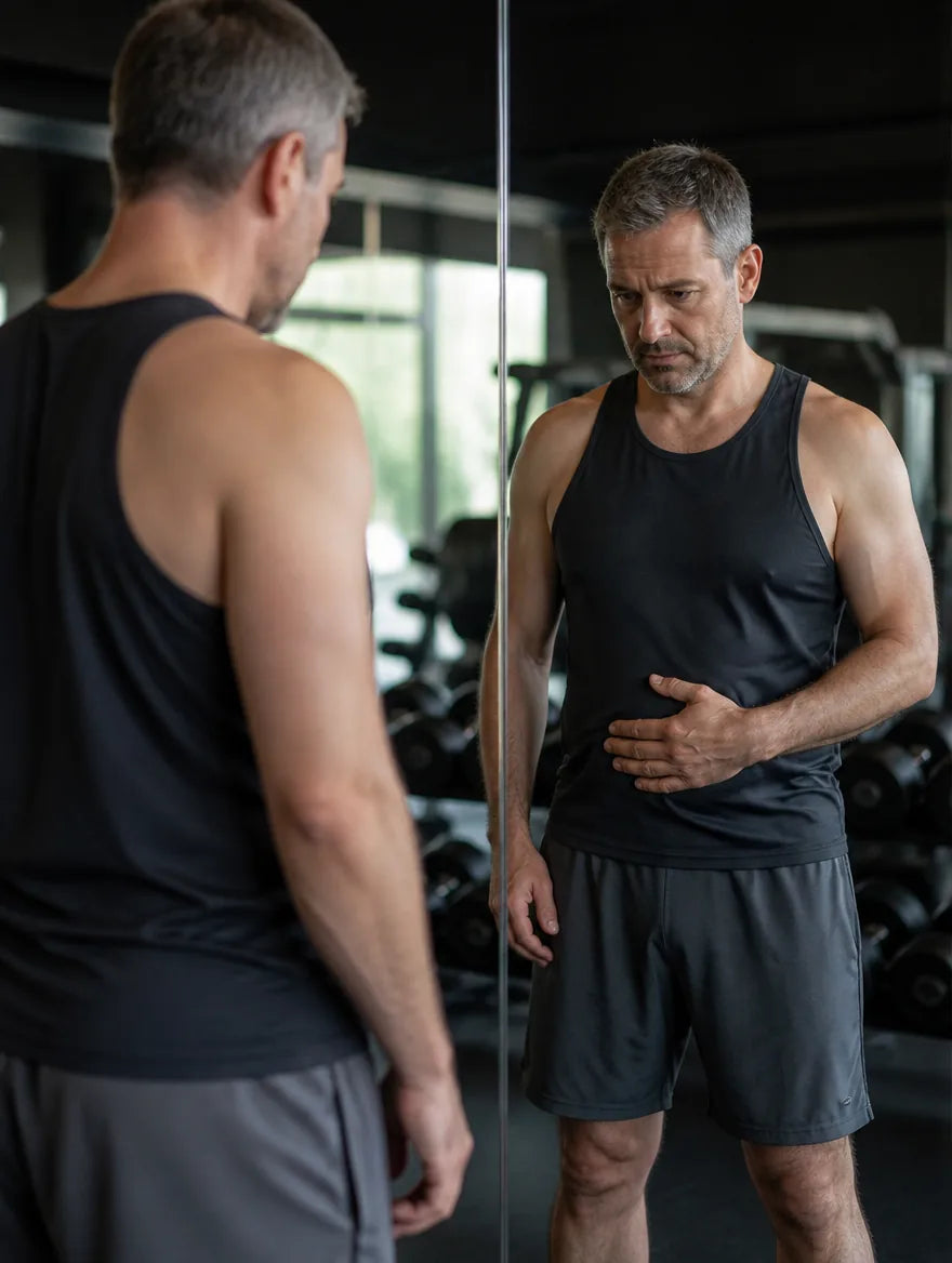 A man in his mid-40s checking his physique in the gym mirror
