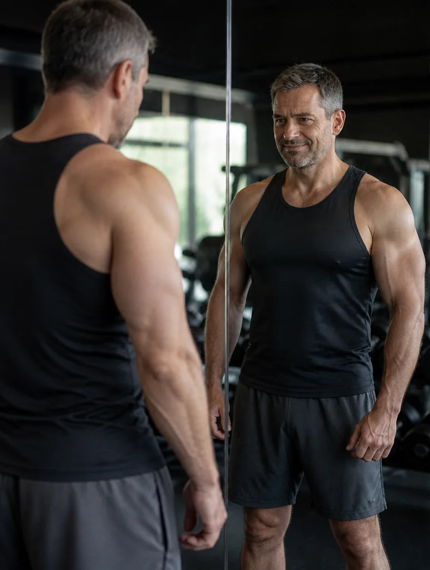 Man confidently looking at his stronger reflection